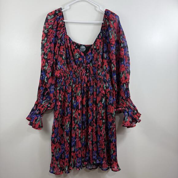 Arula New Black Floral Pleated Mini Dress 1X Long Balloon Sleeve Ruffle Cuffs - Picture 13 of 15